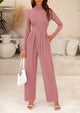 Casual Long Sleeve Mock Neck Wide Leg Jumpsuits