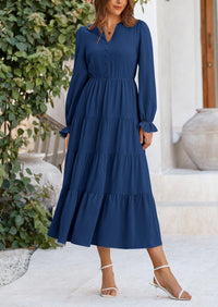Long Sleeve V Neck Tiered Ruffle Flowy A Line Maxi Dresses