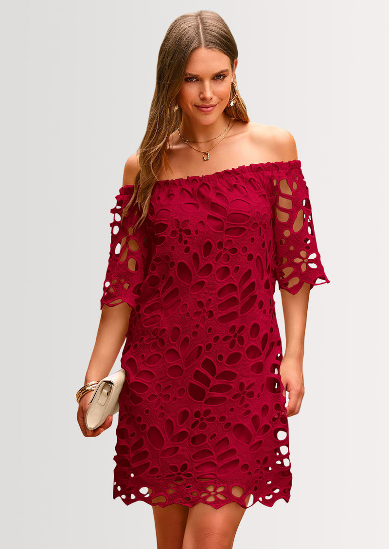 PRETTYGARDEN Women's Summer Off Shoulder Dresses Floral Lace Flare Short Sleeve Spring Vintage Elegant Mini Dress