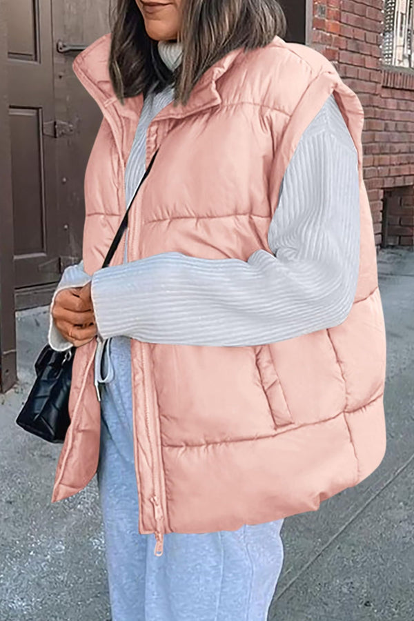 Casual Stand Collar Lightweight Sleeveless Zip Up Padded Coats