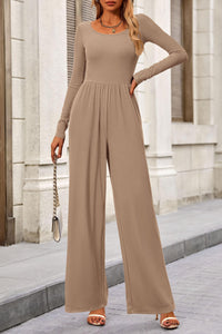 Solid Color Casual Long Sleeve Wide Leg Pants Jumpsuits