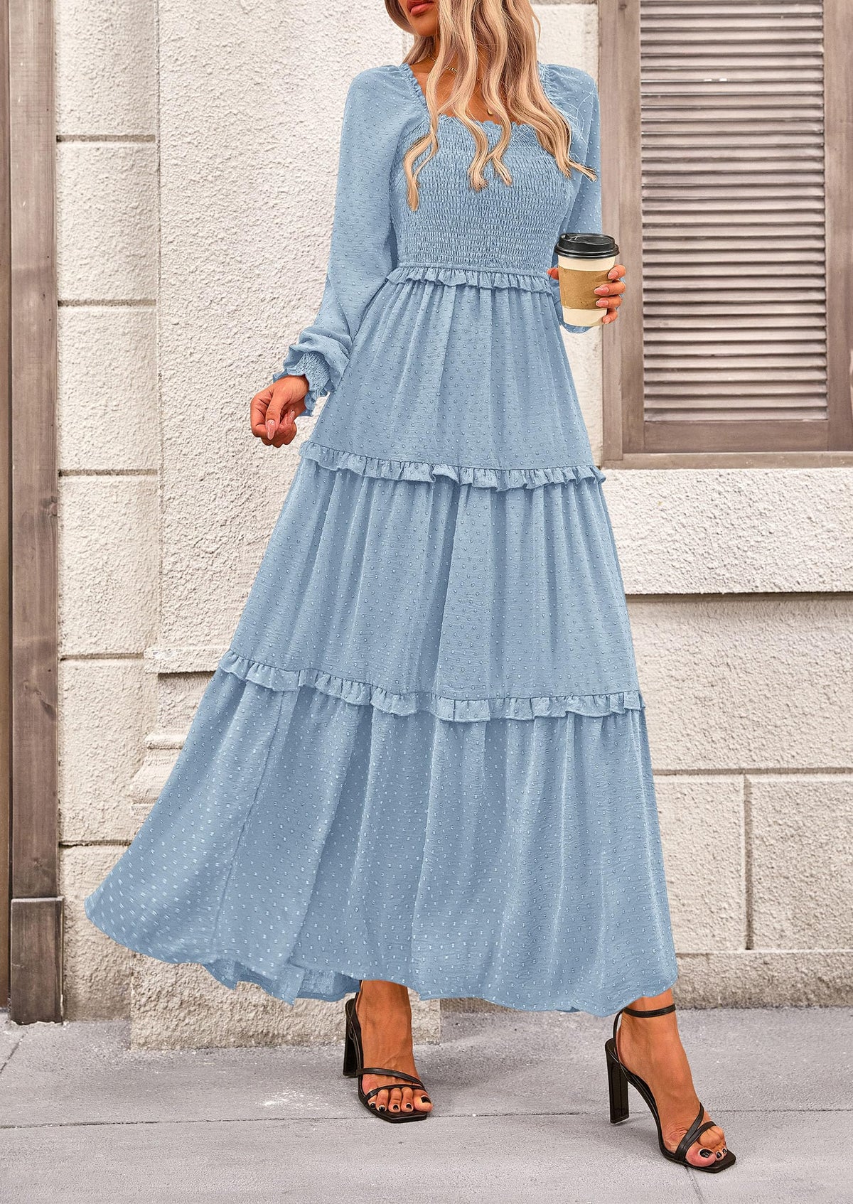 Long Sleeve Smocked Casual Square Neck Swiss Dot Tiered Ruffle Maxi Dresses