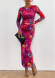 Floral Print Long Sleeve Tight Fitted Ruched Bodycon Maxi Dresses