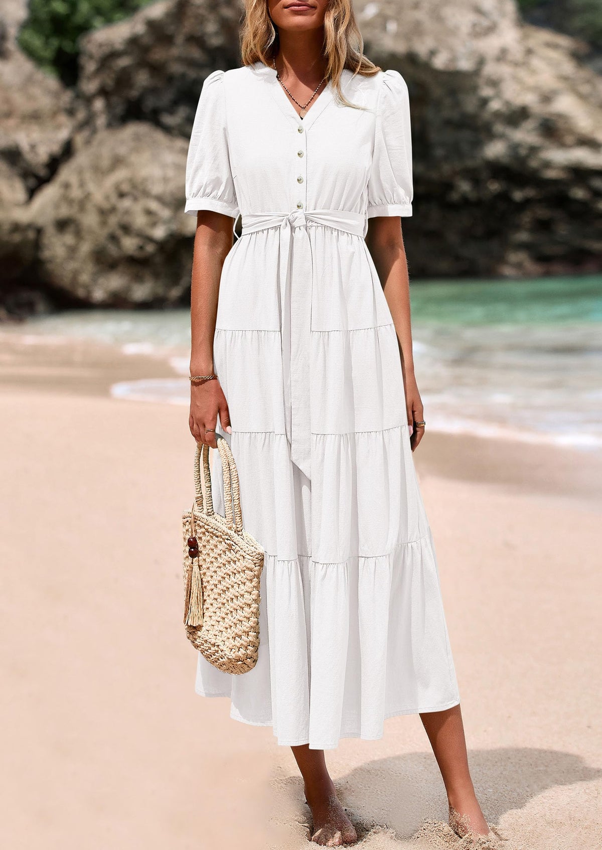 Casual Short Sleeved V-Neck Button Up Lace Up Dress