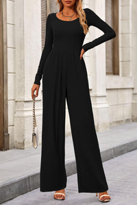 Solid Color Casual Long Sleeve Wide Leg Pants Jumpsuits