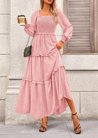 Long Sleeve Smocked Casual Square Neck Swiss Dot Tiered Ruffle Maxi Dresses