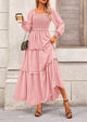 Long Sleeve Smocked Casual Square Neck Swiss Dot Tiered Ruffle Maxi Dresses