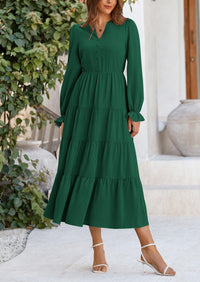 Long Sleeve V Neck Tiered Ruffle Flowy A Line Maxi Dresses