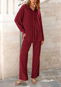 Casual Textured Button Down Shirt Wide Leg Pants Loungewear 2 Piece Sets