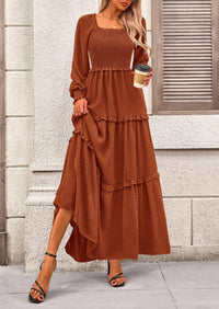 Long Sleeve Smocked Casual Square Neck Swiss Dot Tiered Ruffle Maxi Dresses