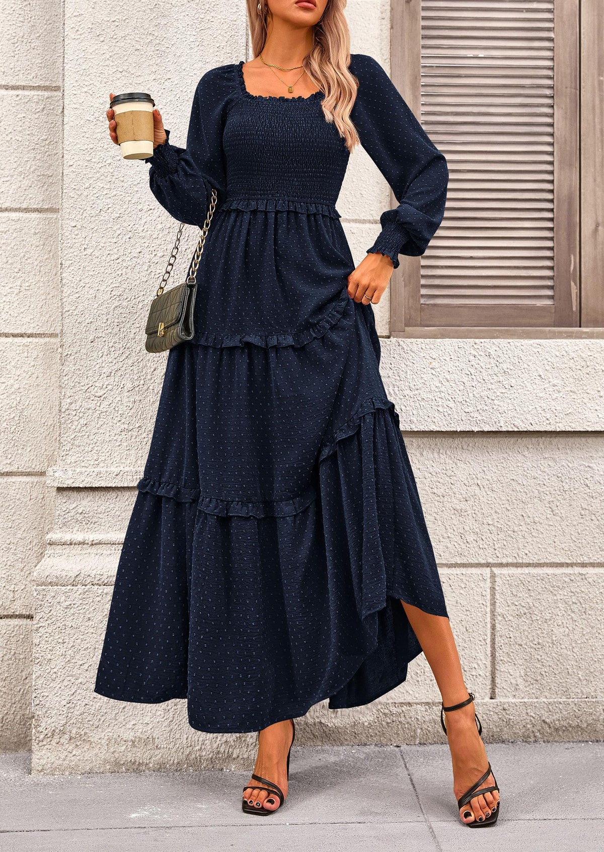 Long Sleeve Smocked Casual Square Neck Swiss Dot Tiered Ruffle Maxi Dresses