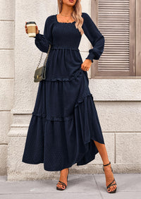 Long Sleeve Smocked Casual Square Neck Swiss Dot Tiered Ruffle Maxi Dresses