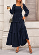 Long Sleeve Smocked Casual Square Neck Swiss Dot Tiered Ruffle Maxi Dresses