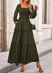 Long Sleeve Smocked Casual Square Neck Swiss Dot Tiered Ruffle Maxi Dresses