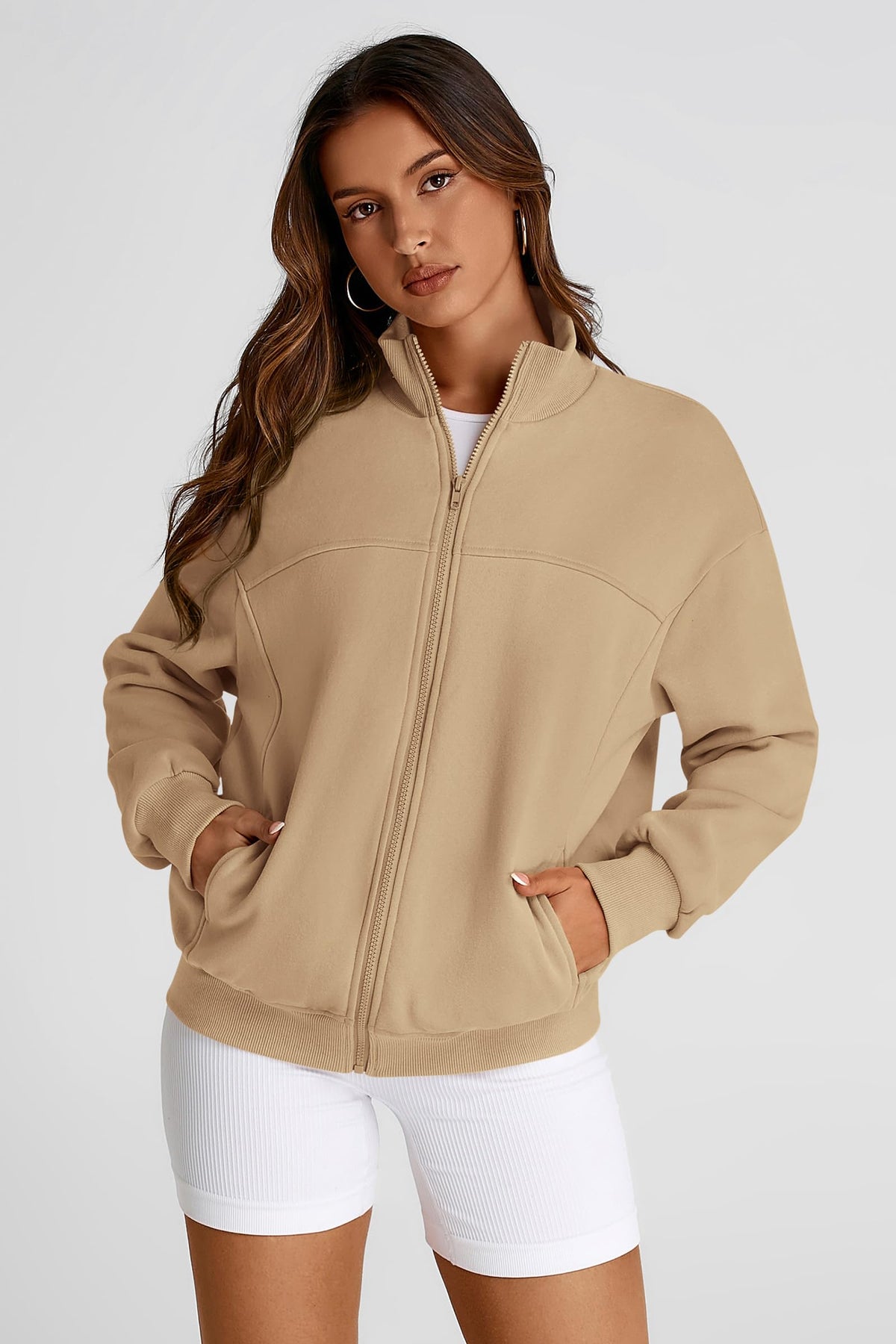 Full Zip Up Long Sleeve Loose Fit Trendy Casual Cardigan with Pockets