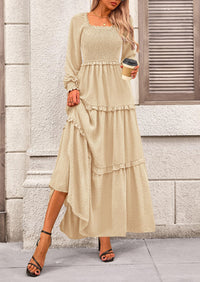 Long Sleeve Smocked Casual Square Neck Swiss Dot Tiered Ruffle Maxi Dresses
