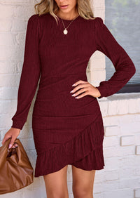 Ruched Bodycon Long Puff Sleeve Ruffle Fitted Mini Dress