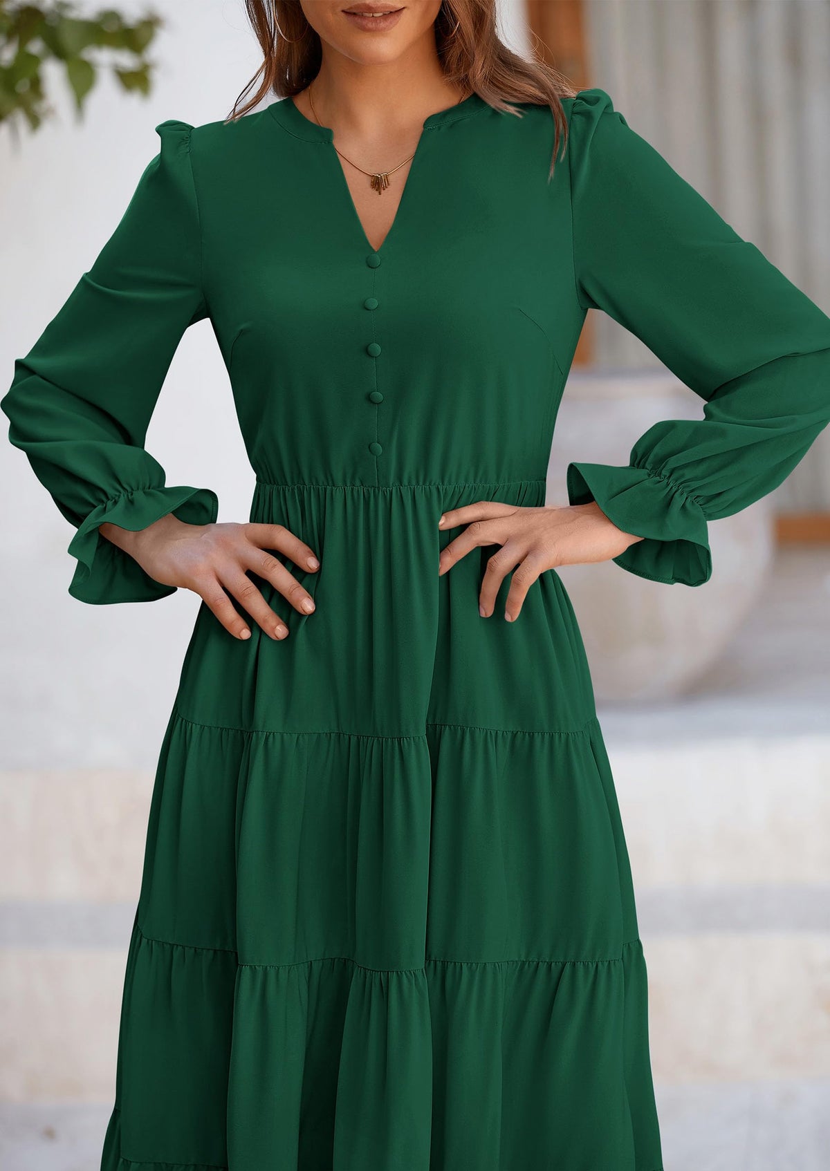 Long Sleeve V Neck Tiered Ruffle Flowy A Line Maxi Dresses