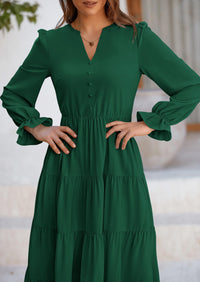 Long Sleeve V Neck Tiered Ruffle Flowy A Line Maxi Dresses