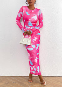 Floral Print Long Sleeve Tight Fitted Ruched Bodycon Maxi Dresses
