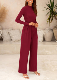 Casual Long Sleeve Mock Neck Wide Leg Jumpsuits