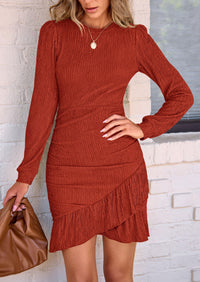 Ruched Bodycon Long Puff Sleeve Ruffle Fitted Mini Dress