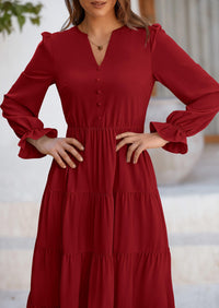 Long Sleeve V Neck Tiered Ruffle Flowy A Line Maxi Dresses