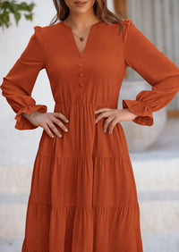 Long Sleeve V Neck Tiered Ruffle Flowy A Line Maxi Dresses