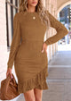 Ruched Bodycon Long Puff Sleeve Ruffle Fitted Mini Dress