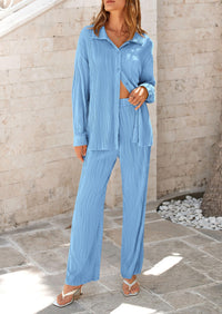 Casual Textured Button Down Shirt Wide Leg Pants Loungewear 2 Piece Sets