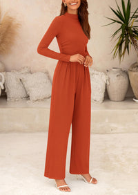 Casual Long Sleeve Mock Neck Wide Leg Jumpsuits