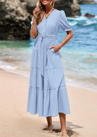 Casual Short Sleeved V-Neck Button Up Lace Up Dress