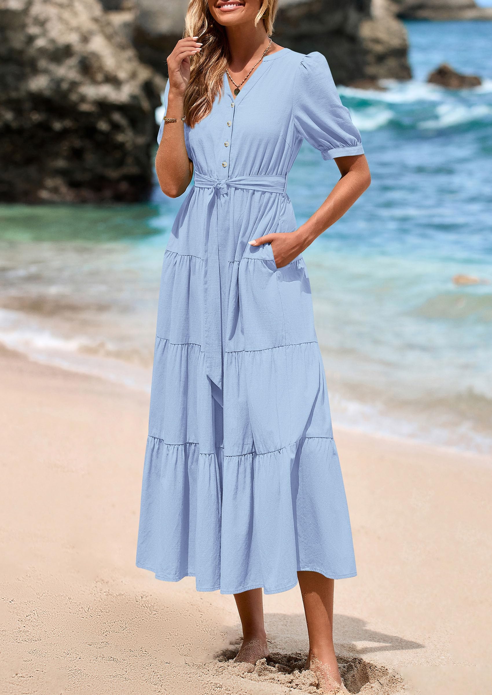 PRETTYGARDEN Casual V Neck Button Belted Ruffle A Line Flowy Tied Midi Dress