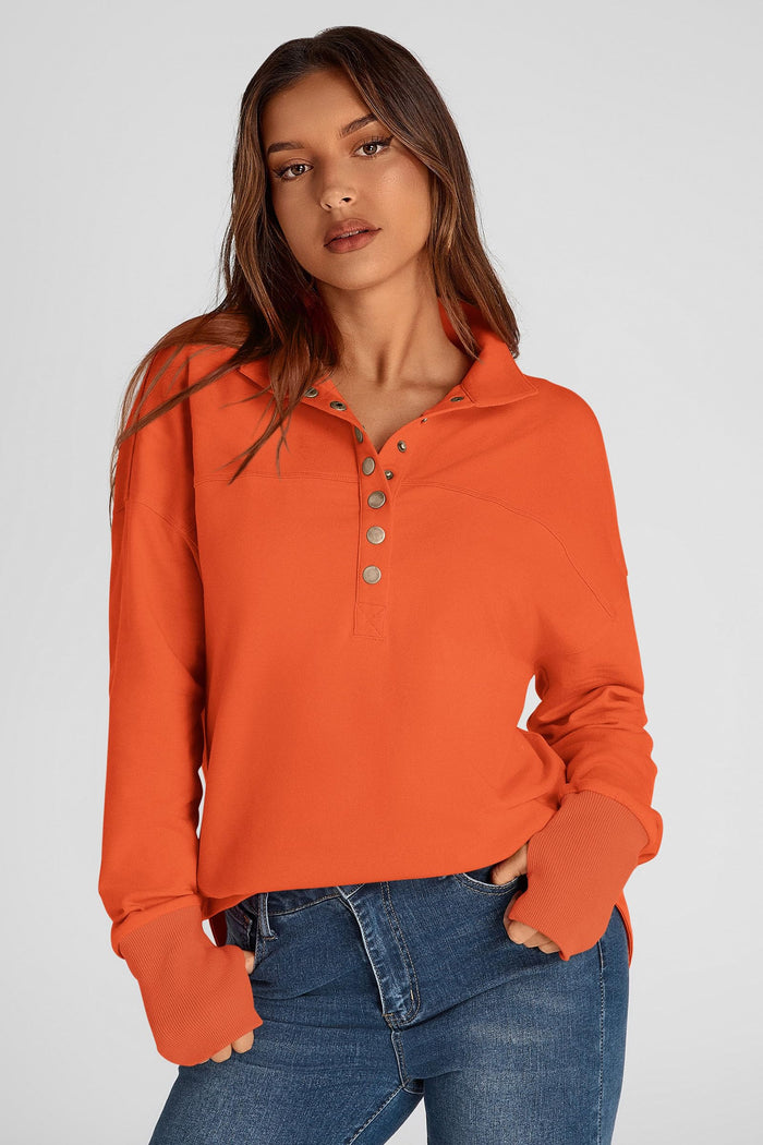 Long Sleeve V Neck Loose Fit Casual Button Up Sweatshirts