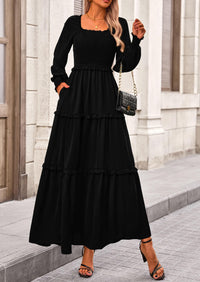 Long Sleeve Smocked Casual Square Neck Swiss Dot Tiered Ruffle Maxi Dresses