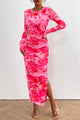 Floral Print Long Sleeve Tight Fitted Ruched Bodycon Maxi Dresses
