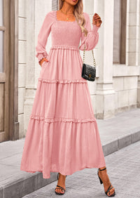 Long Sleeve Smocked Casual Square Neck Swiss Dot Tiered Ruffle Maxi Dresses
