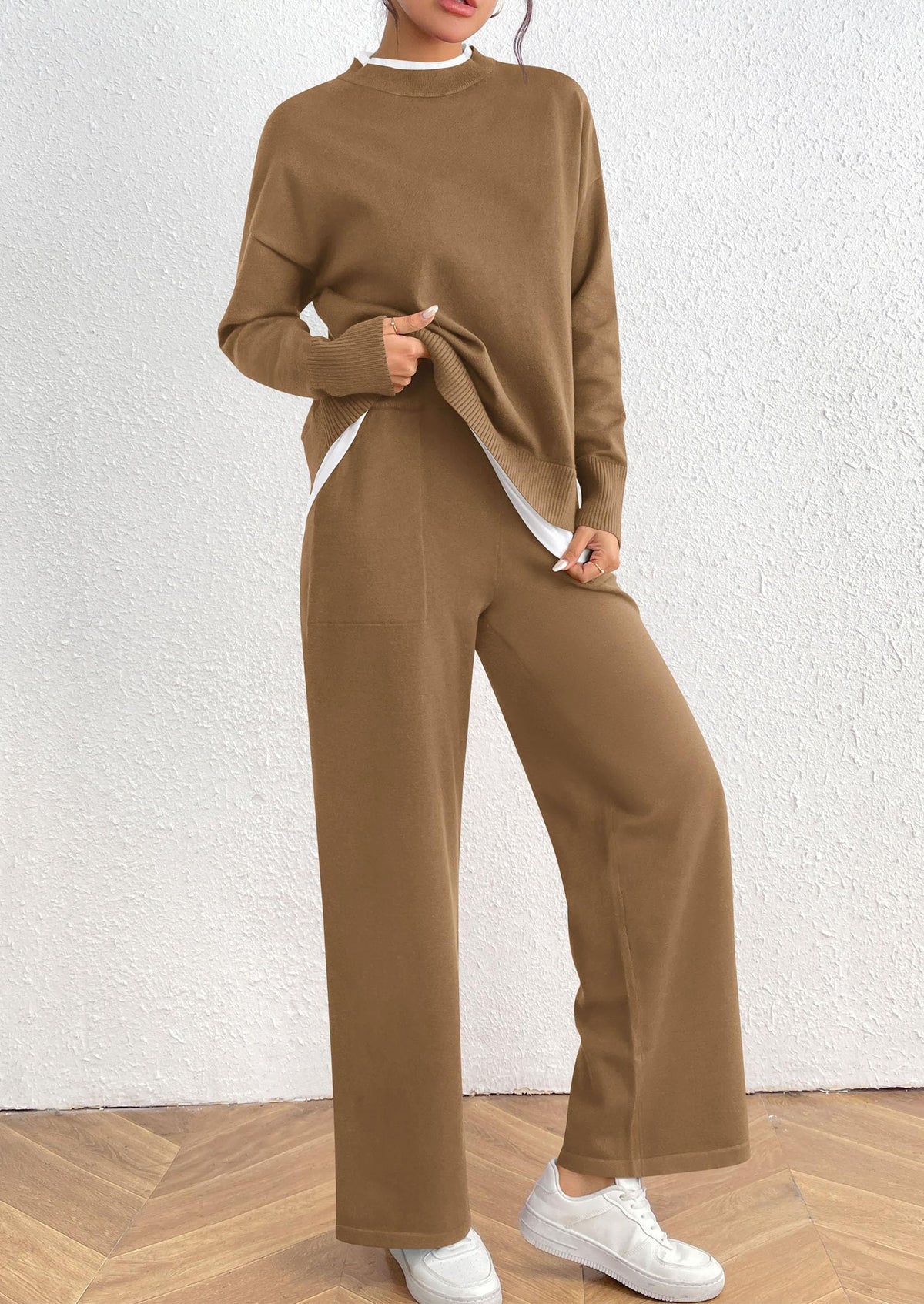 Long Sleeve Pullover Sweater Wide Leg Pants Two Piece Lounge Sets