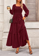 Long Sleeve Smocked Casual Square Neck Swiss Dot Tiered Ruffle Maxi Dresses