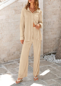Casual Textured Button Down Shirt Wide Leg Pants Loungewear 2 Piece Sets