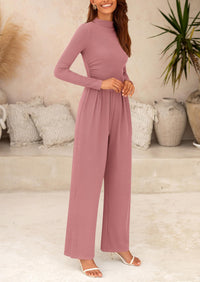 Casual Long Sleeve Mock Neck Wide Leg Jumpsuits