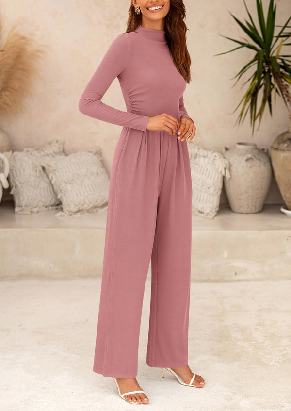 Casual Long Sleeve Mock Neck Wide Leg Jumpsuits