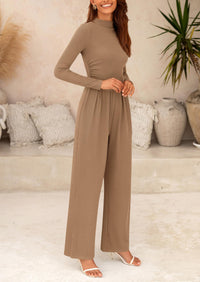 Casual Long Sleeve Mock Neck Wide Leg Jumpsuits