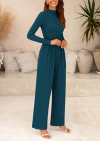 Casual Long Sleeve Mock Neck Wide Leg Jumpsuits
