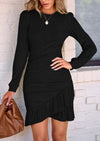 PRETTYGARDEN Women's Spring Fall Ruched Bodycon Mini Dress Long Puff Sleeve Ruffle Fitted Cocktail Party Dresses