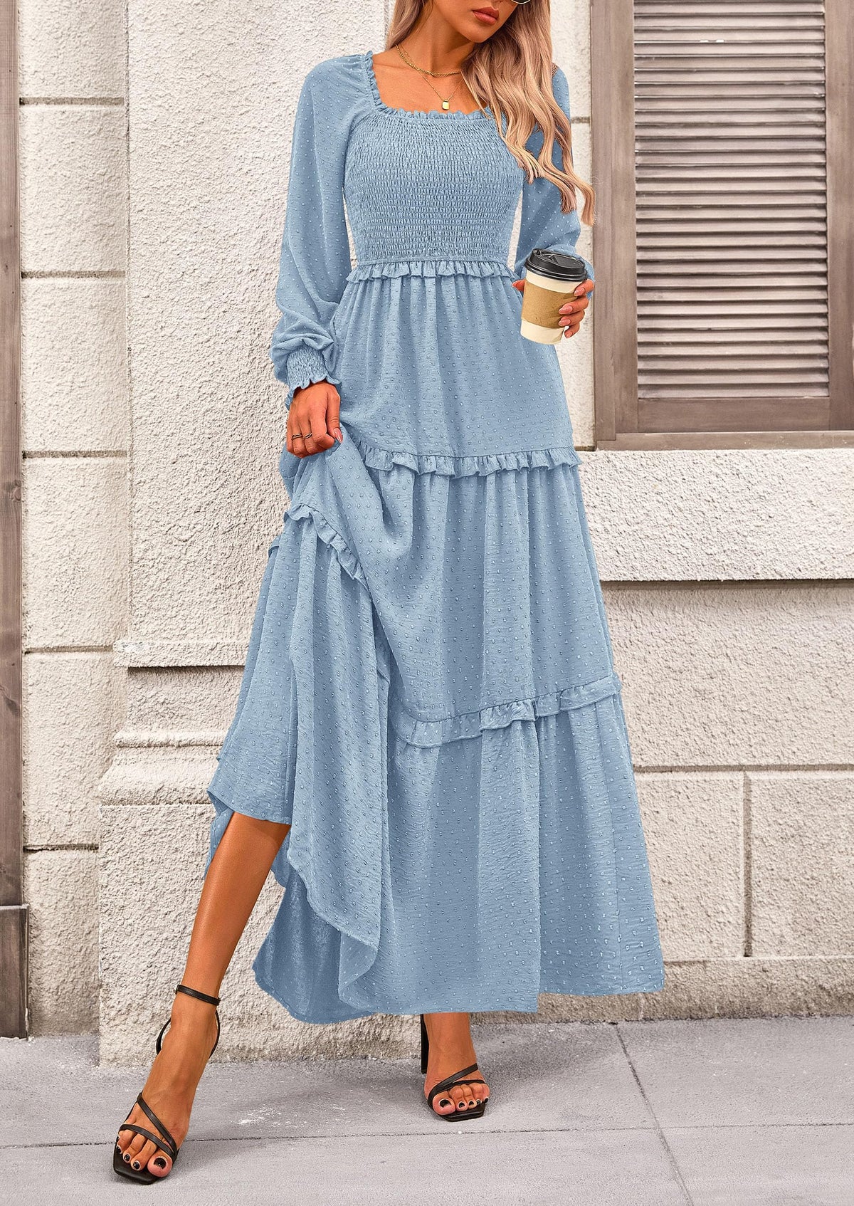 Long Sleeve Smocked Casual Square Neck Swiss Dot Tiered Ruffle Maxi Dresses