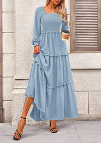 Long Sleeve Smocked Casual Square Neck Swiss Dot Tiered Ruffle Maxi Dresses