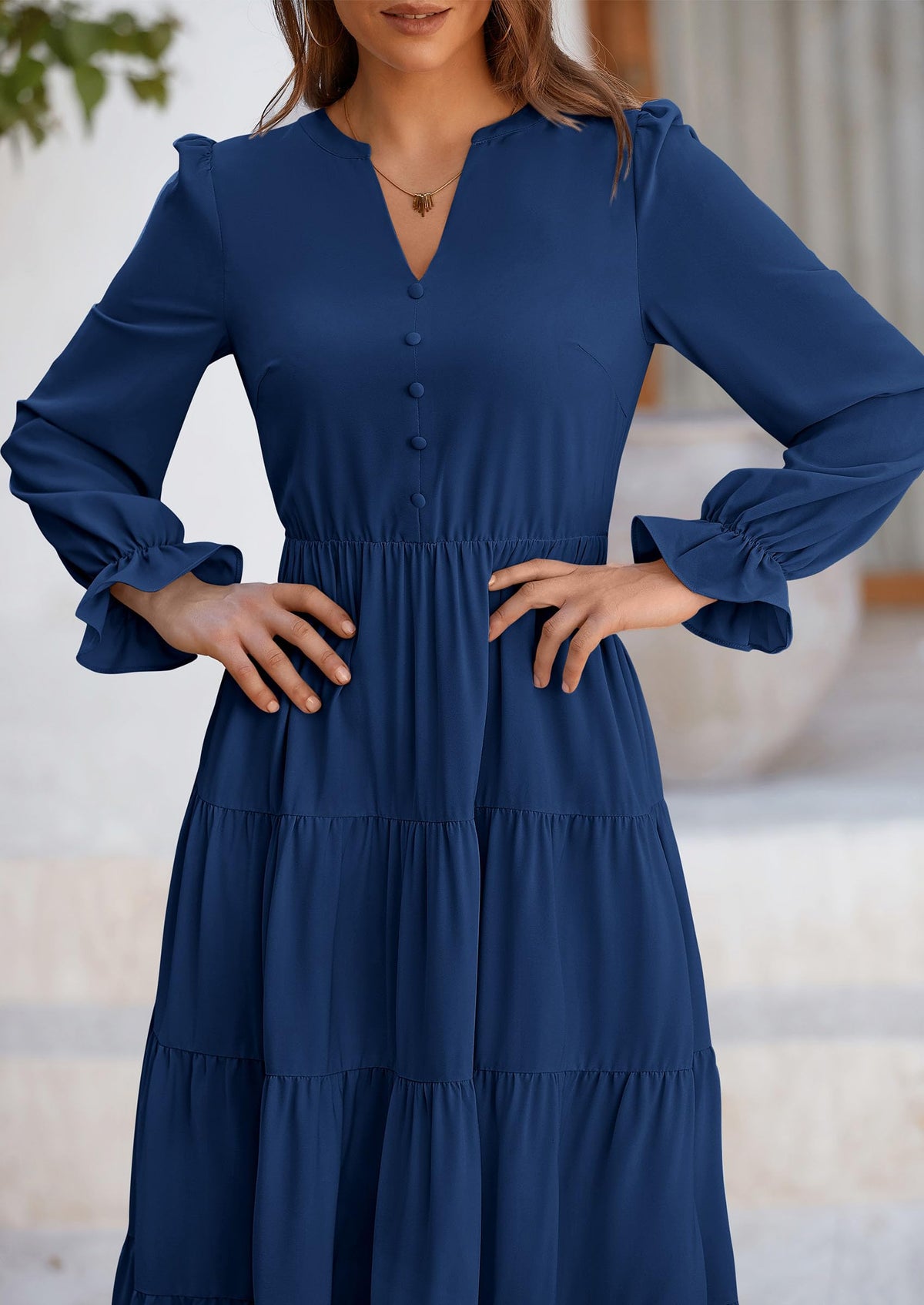 Long Sleeve V Neck Tiered Ruffle Flowy A Line Maxi Dresses