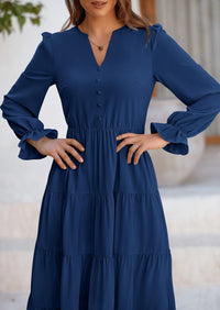 Long Sleeve V Neck Tiered Ruffle Flowy A Line Maxi Dresses