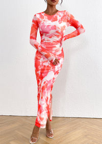 Floral Print Long Sleeve Tight Fitted Ruched Bodycon Maxi Dresses